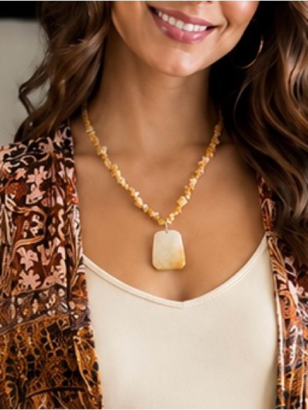 Yellow Agate Chip Necklace with Statement Pendant - Women Jewelry